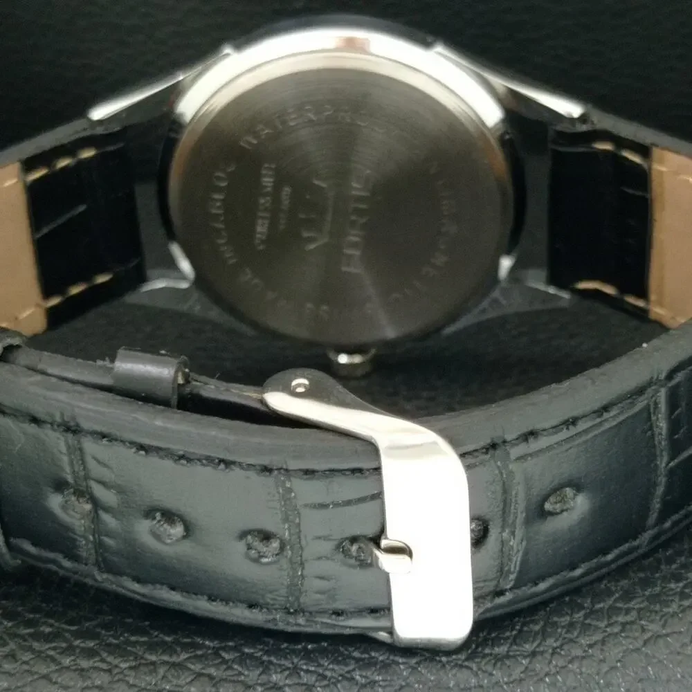 Vintage 1975 Fortis Manual Mens Silver Watch W/Leather Strap & Green accents